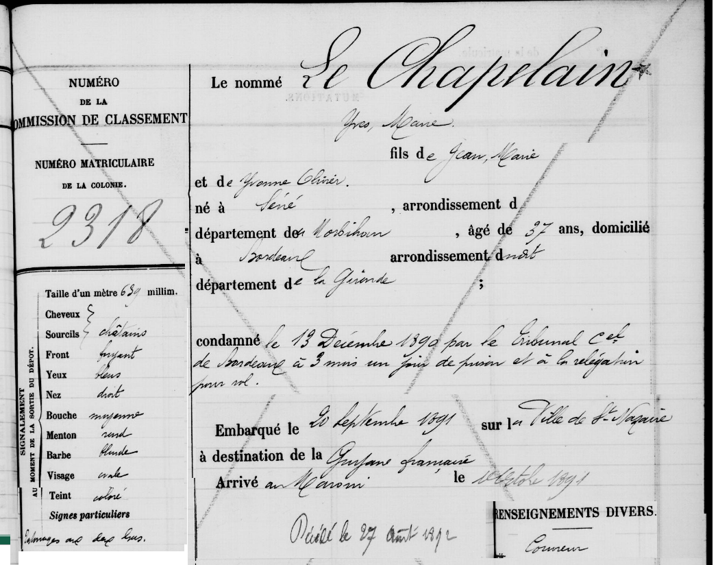 1890 LE CHAPELAIN Condamnation Bagne