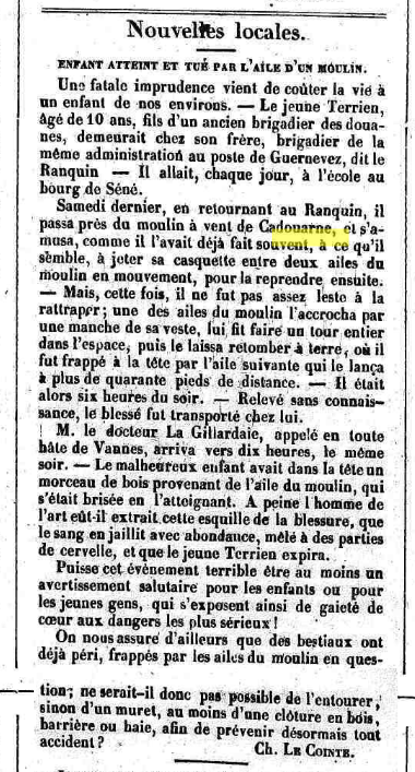 1851 06 26 Séné Moulin Ranquin deces enfant