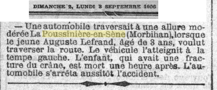 1906 Poussiniere enfant mort accident auto