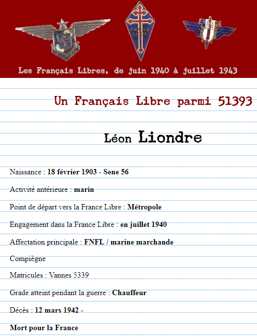 LIONDRE Leon FNFL chauffeur mort en 1942