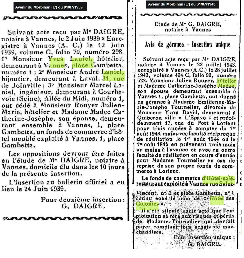 1939 07 Vente Laniel ROUYER et gérance
