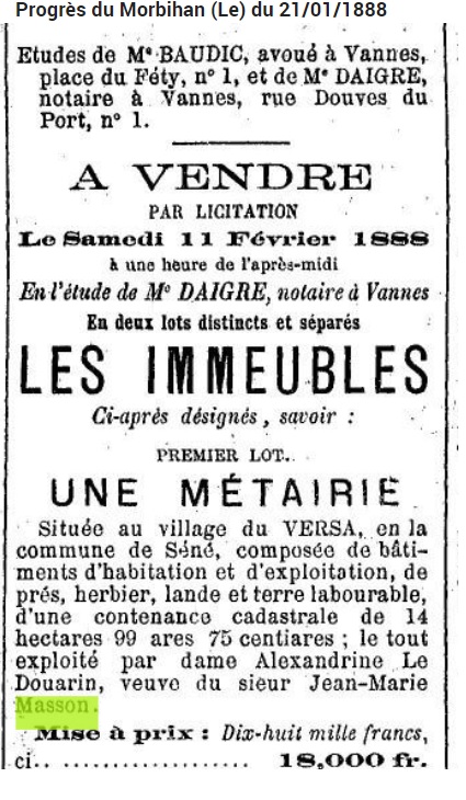 1888 Versa Le Masson vente